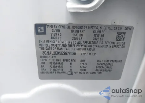 2014 Chevrolet Captiva Sport 2Ls z USA, uszkodzony, nr VIN 3GNAL2EK5ES678526